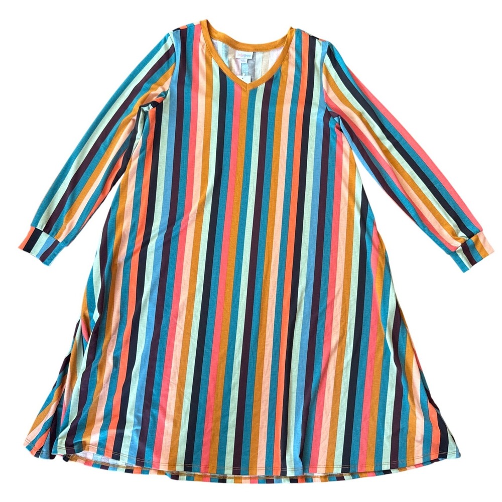 LuLaRoe Dress Women Medium Multi-Color Vertical Stripe Long Sleeve V-Neck NWT